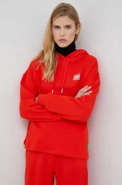 Γυναικεία Χωρίς φερμουάρ Βαμβακερή μπλούζα United Colors Of Benetton X Pantone χρώμα: κόκκινο, με κουκούλα